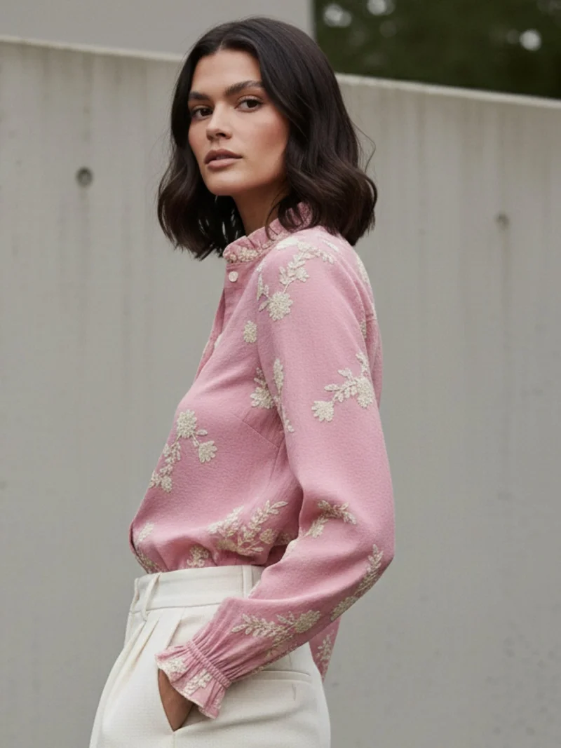 OUTZIDR Pink Pink Bishop Sleeve Front Buttoned Embroidered Top for Women | Best Price UAE